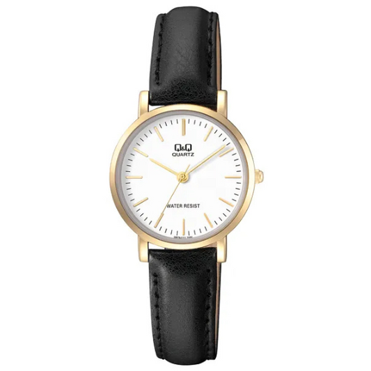 Q&Q ladies gold leather watch with round dial and gold-tone case, stylish accessory for women