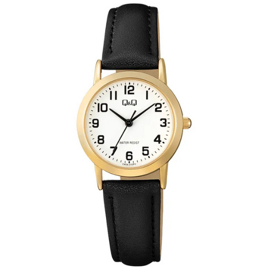 Q&Q ladies gold leather watch with a round face and gold-tone details, stylish accessory for women.