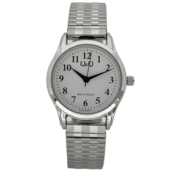 Q&Q ladies silver watch with expandable strap, featuring a sleek round dial and minimalist design.