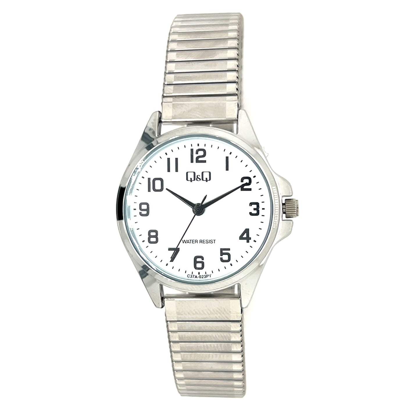 Q&Q ladies silver watch with expandable strap, close-up showing sleek design and silver-tone dial.