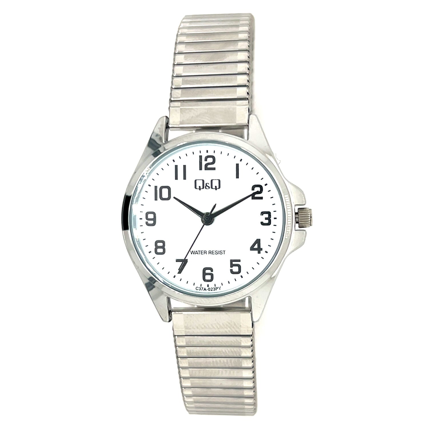 Q&Q ladies silver watch with expandable strap, close-up showing sleek design and silver-tone dial.