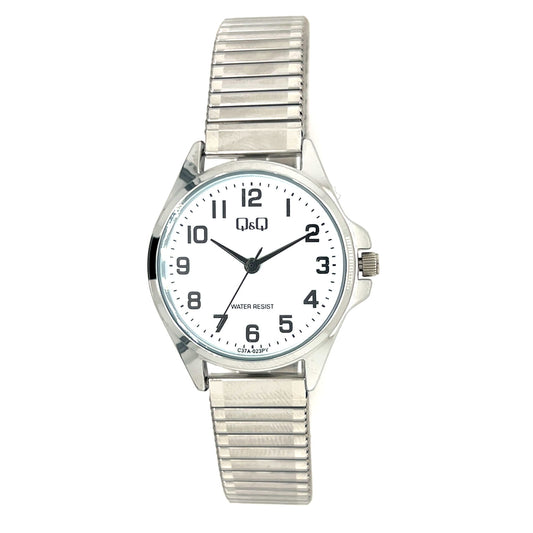 Q&Q ladies silver watch with expandable strap, close-up showing sleek design and silver-tone dial.