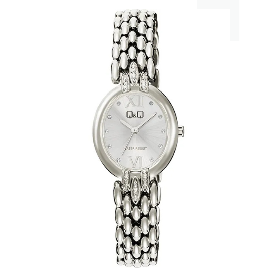 Q&Q ladies silver multi-link watch with a sleek round face and multi-link bracelet, stylish and elegant accessory.