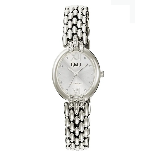 Q&Q ladies silver multi-link watch with a sleek round face and multi-link bracelet, stylish and elegant accessory.