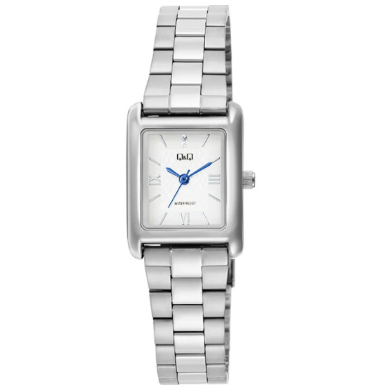Q&Q ladies silver square three-link wristwatch with a sleek design and silver-tone band.