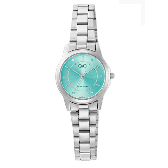 Q&Q ladies silver three-link watch with a round dial and metal bracelet, showcasing elegant jewelry-style timepiece.