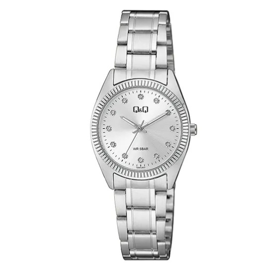 Q&Q ladies silver three-link watch showing a sleek round dial and elegant bracelet design.