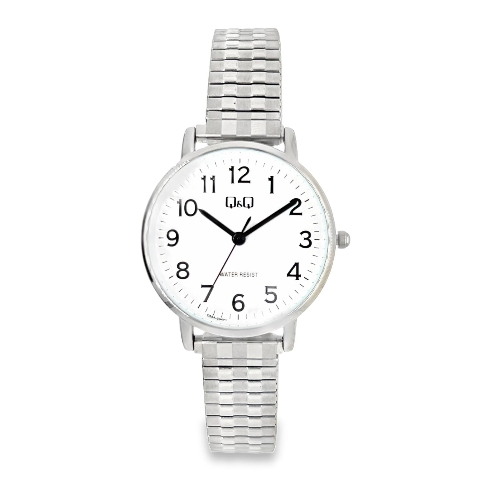 Q&Q ladies silver watch with expandable strap, showing the sleek round dial and elegant silver band.
