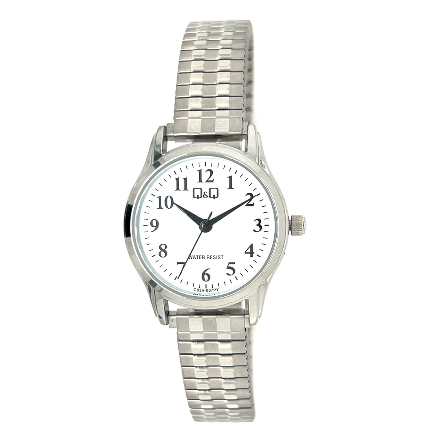 Q&Q ladies silver watch with expandable strap, sleek design, and round dial, shown on a white background.