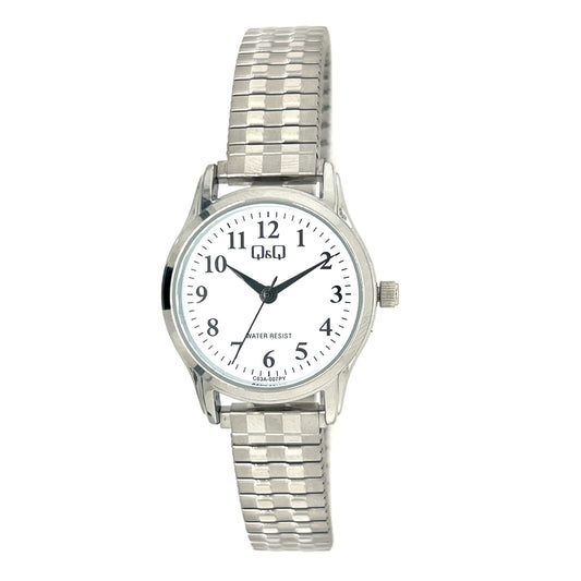 Q&Q ladies silver watch with expandable strap, sleek design, and round dial, shown on a white background.