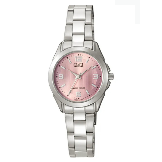 Q&Q ladies silver three-link wristwatch showing a sleek analog dial and silver-tone metal band.