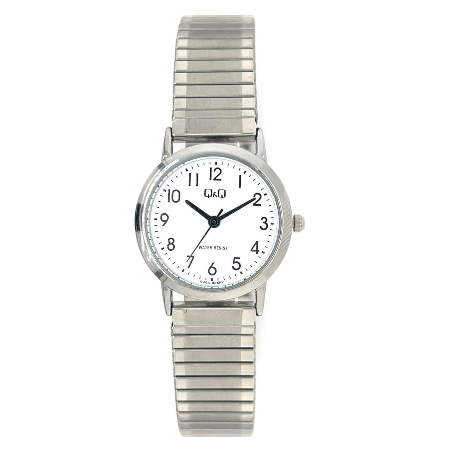 Q&Q ladies silver watch with expandable strap, showcasing a sleek design and silver dial on a white background.