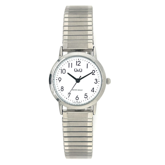 Q&Q ladies silver watch with expandable strap, showcasing a sleek design and silver dial on a white background.