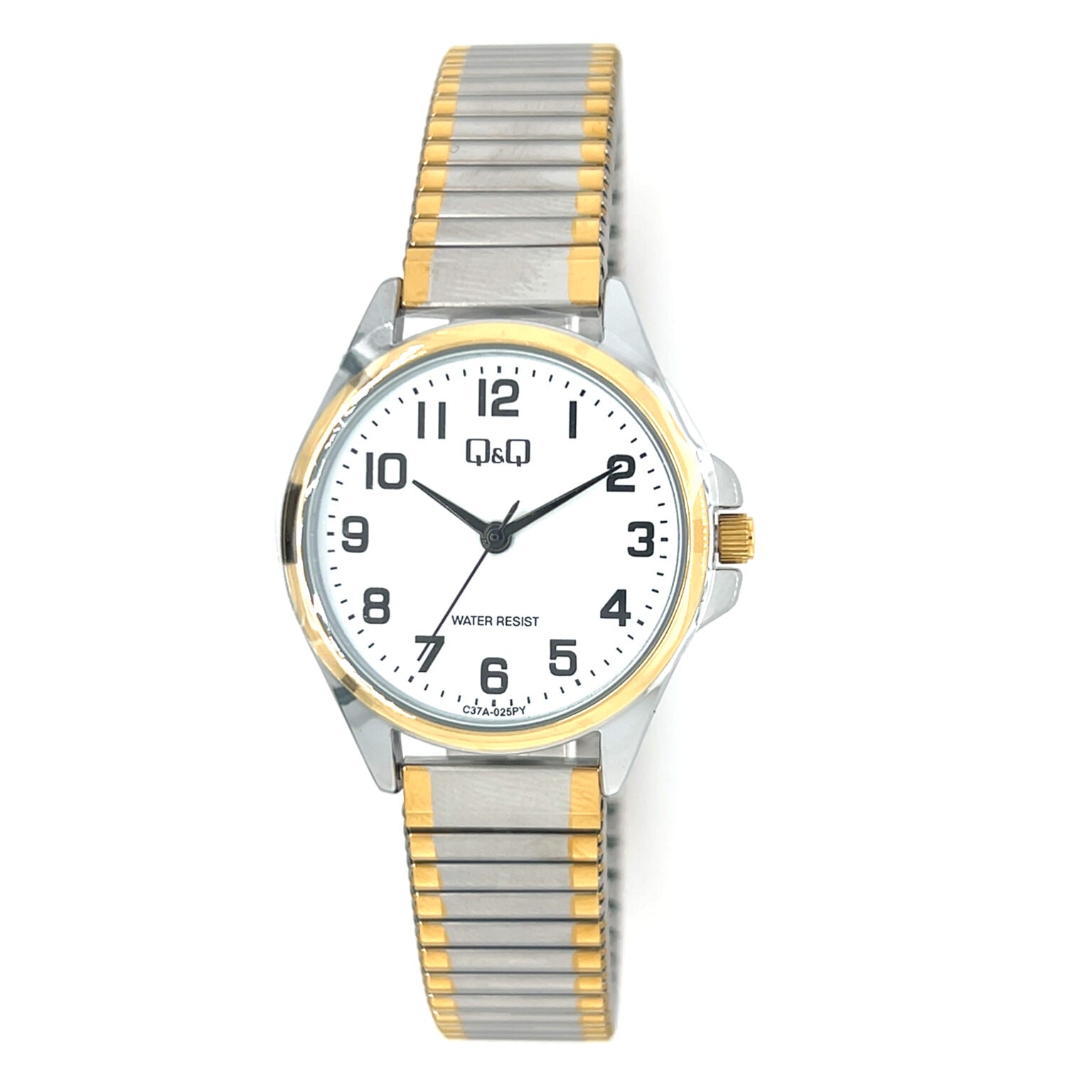 Q&Q ladies two-tone watch with expandable strap, featuring a round dial and elegant design, shown in the product image.