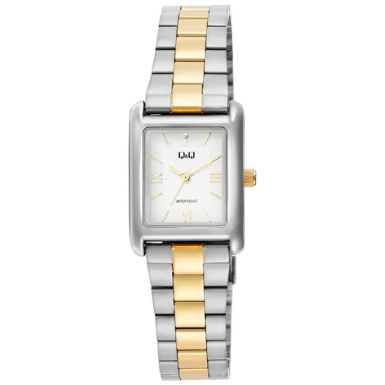 Q&Q ladies two-tone square watch with three link bracelet, featuring a modern design and silver and gold accents.