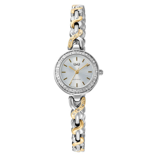 Q&Q ladies two-tone twist-link watch with silver and gold accents, showcasing the stylish watch face and elegant bracelet design.