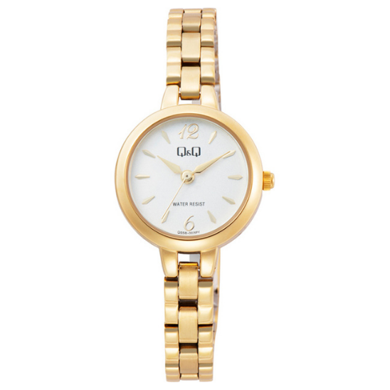 Q&Q ladies gold three-link watch with a round dial and elegant bracelet design, showcasing a stylish and sophisticated timepiece.
