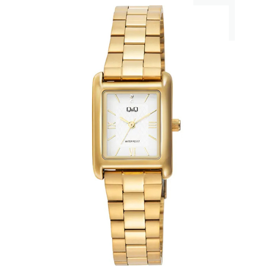 Q&Q ladies gold square three-link wristwatch showing a gold square face and three-link bracelet.