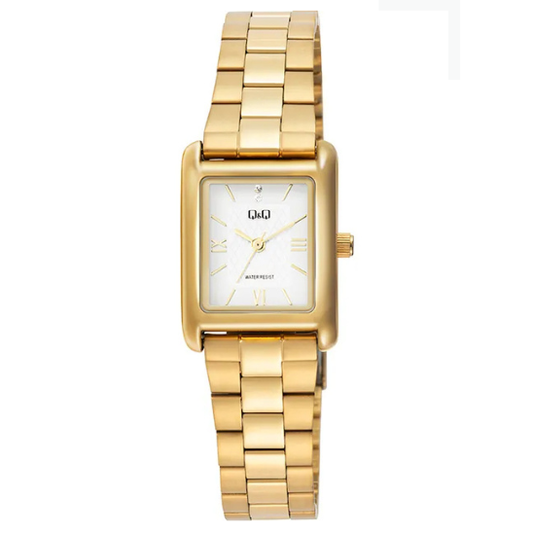 Q&Q ladies gold square three-link wristwatch showing a gold square face and three-link bracelet.