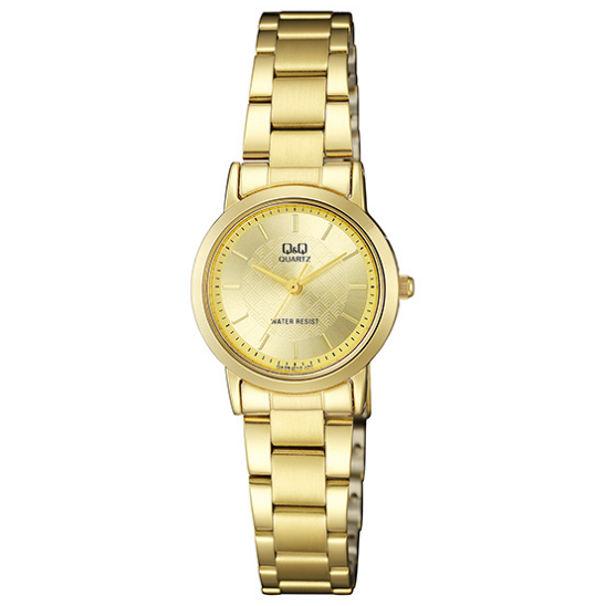 Q&Q ladies gold three-link watch with round dial and matching gold strap, elegant and stylish accessory.
