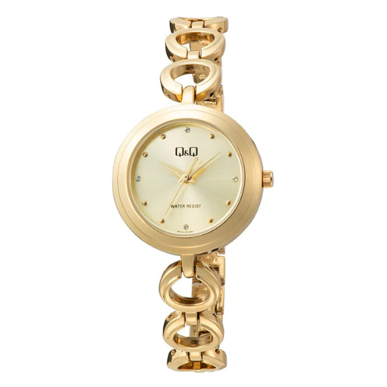 Q&Q ladies gold twist-link watch with a round dial and elegant bracelet design.
