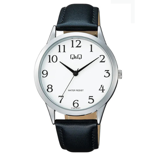 Q&Q men's silver leather watch with a round dial and classic design, featuring a stainless steel case and leather strap.
