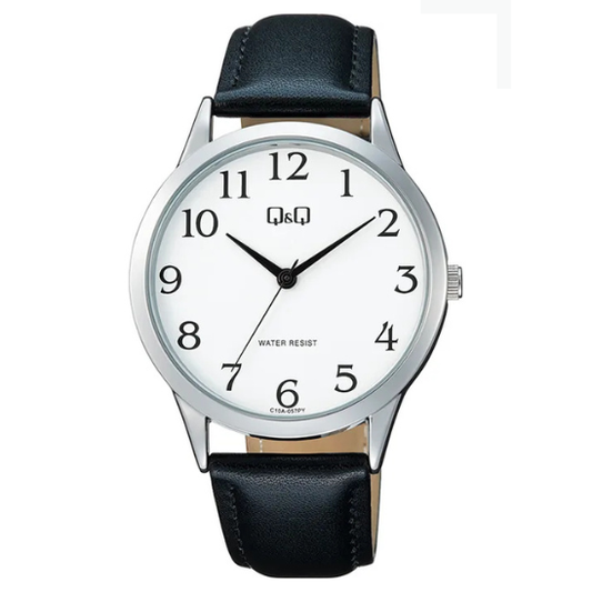 Q&Q men's silver leather watch with a round dial and classic design, featuring a stainless steel case and leather strap.