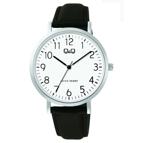 Q&Q men's silver leather watch with round dial and silver strap, stylish timepiece for formal or casual wear.