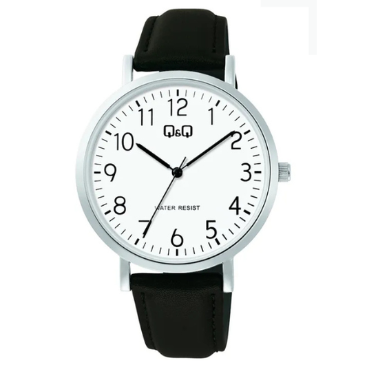 Q&Q men's silver leather watch with round dial and silver strap, stylish timepiece for formal or casual wear.