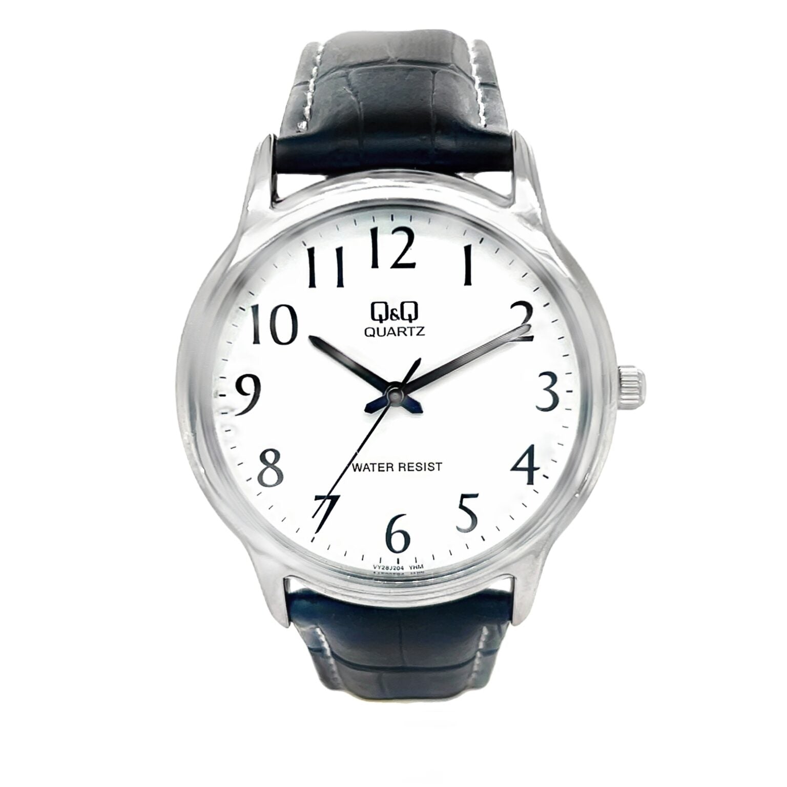 Q&Q men's silver leather watch with a round dial and classic design, showcasing a sleek, stylish timepiece.
