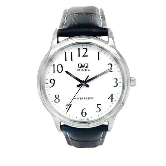 Q&Q men's silver leather watch with a round dial and classic design, showcasing a sleek, stylish timepiece.