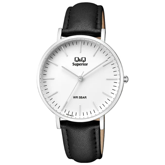 Q&Q men's silver leather watch with round dial and silver strap, stylish and elegant accessory for everyday wear.
