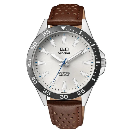 Silver leather strap Q&Q men's watch with a round dial and classic design.