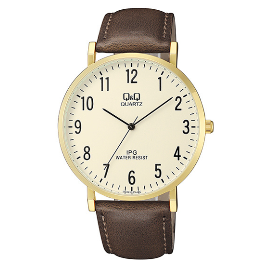 Q&Q men's gold leather strap watch with round dial and classic design, showing time on a sleek wristwatch.