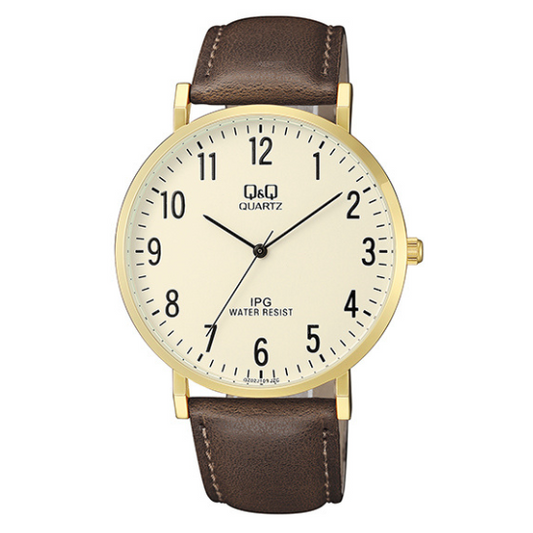 Q&Q men's gold leather strap watch with round dial and classic design, showing time on a sleek wristwatch.