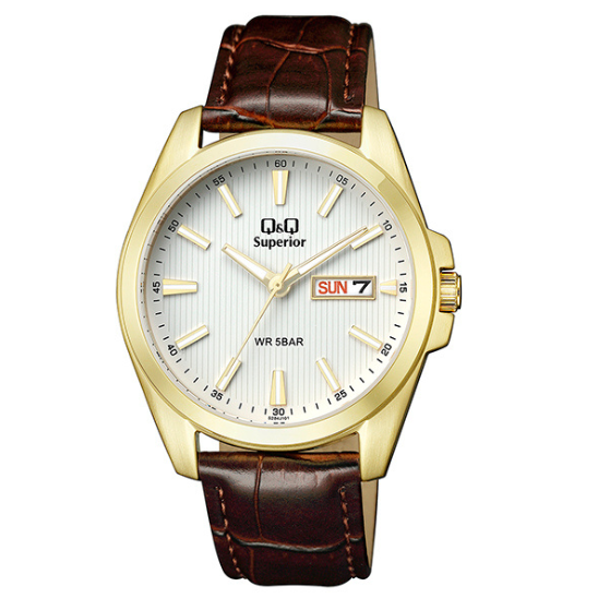 Q&Q men's gold leather watch with a round dial and gold-tone strap, stylish and elegant wrist accessory.