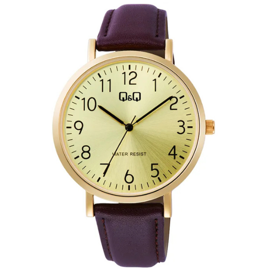 Q&Q gents gold leather watch with round dial and metal case, stylish timepiece for men.