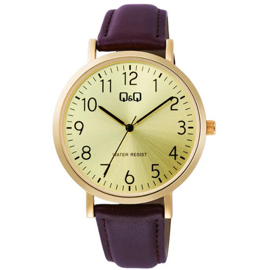 Q&Q gents gold leather watch with round dial and metal case, stylish timepiece for men.