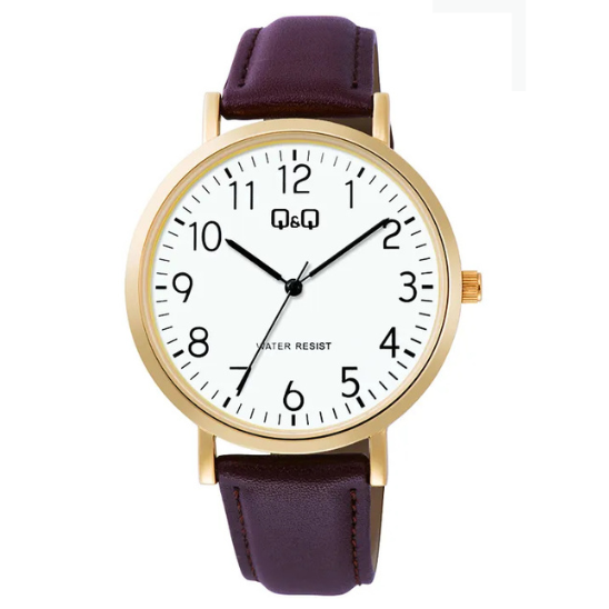 Q&Q men's gold leather watch with a round dial and classic design on a leather strap.