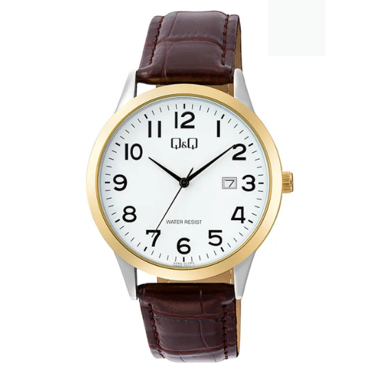 Q&Q gents gold leather watch with round dial and classic design, featuring a gold-tone strap and elegant time display.
