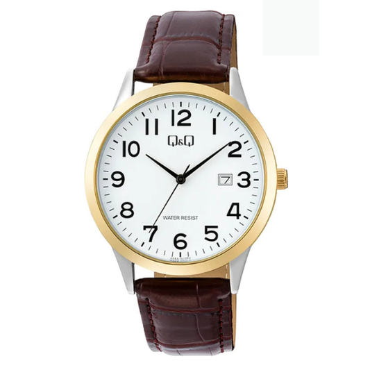 Q&Q gents gold leather watch with round dial and classic design, featuring a gold-tone strap and elegant time display.
