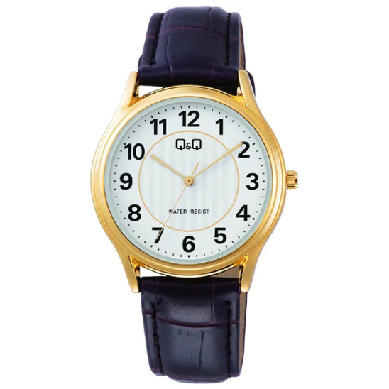 Q&Q men's gold leather watch with a sleek round dial and gold-tone strap, elegant wristwatch for formal or casual wear.