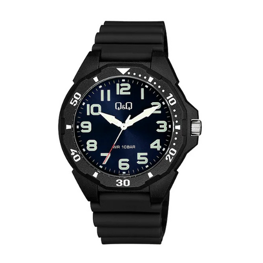 Q&Q black silicone men's watch with round dial and digital display, stylish and durable accessory for everyday wear.