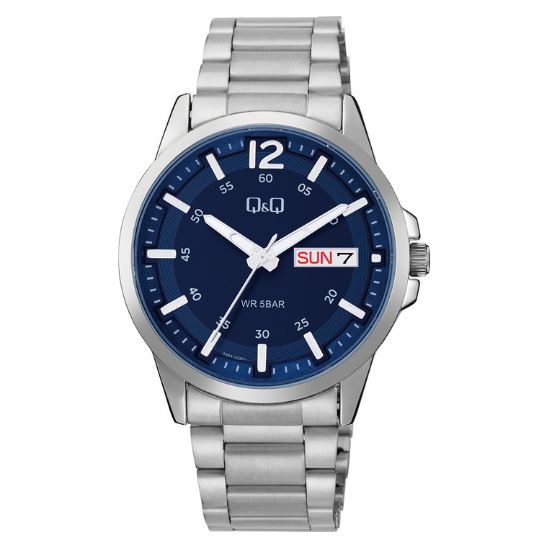 Q&Q gents silver three-link wristwatch with round dial and metal band, showcasing classic men's watch design.