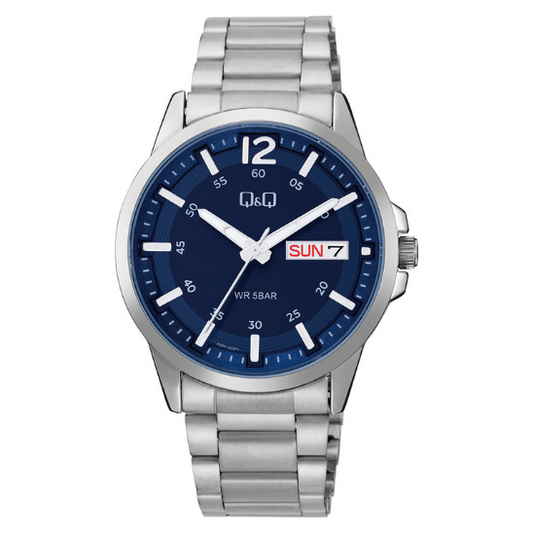 Q&Q gents silver three-link wristwatch with round dial and metal band, showcasing classic men's watch design.