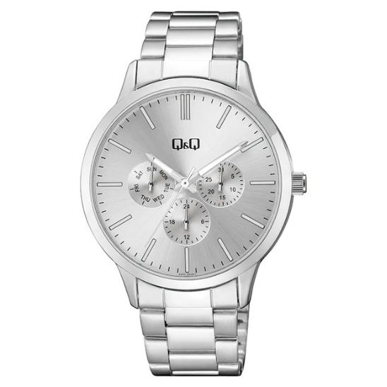 Silver Q&Q gents' three-link wristwatch with round dial and metal band, showcasing a classic men's watch design.
