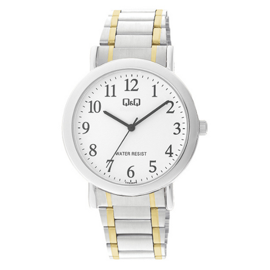 Q&Q men's two-tone three-link wristwatch with silver and gold finish, featuring a round dial and metal bracelet.