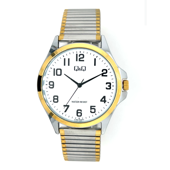 Q&Q men's watch with two-tone expandable strap, showcasing a round dial and silver and gold accents.