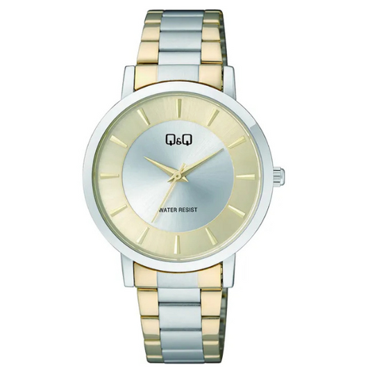 Q&Q men's two-tone three-link watch with round dial and metal bracelet, showcasing a stylish and classic timepiece.