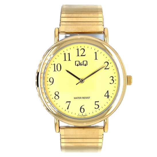 Q&Q men's gold wristwatch with expandable strap, featuring a round dial and sleek design.